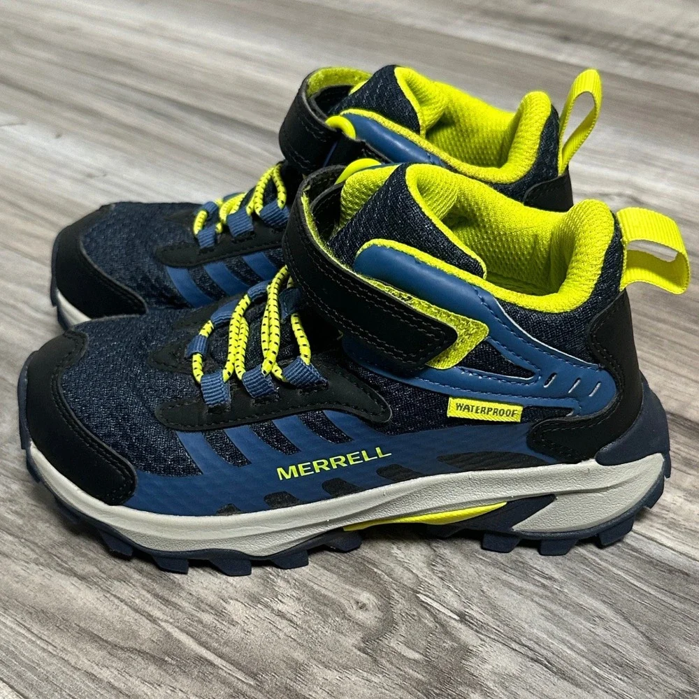 Merrell Moab Speed 2 Mid Waterproof Kids Hiking Boots Blue Yellow Size 13 EUC!